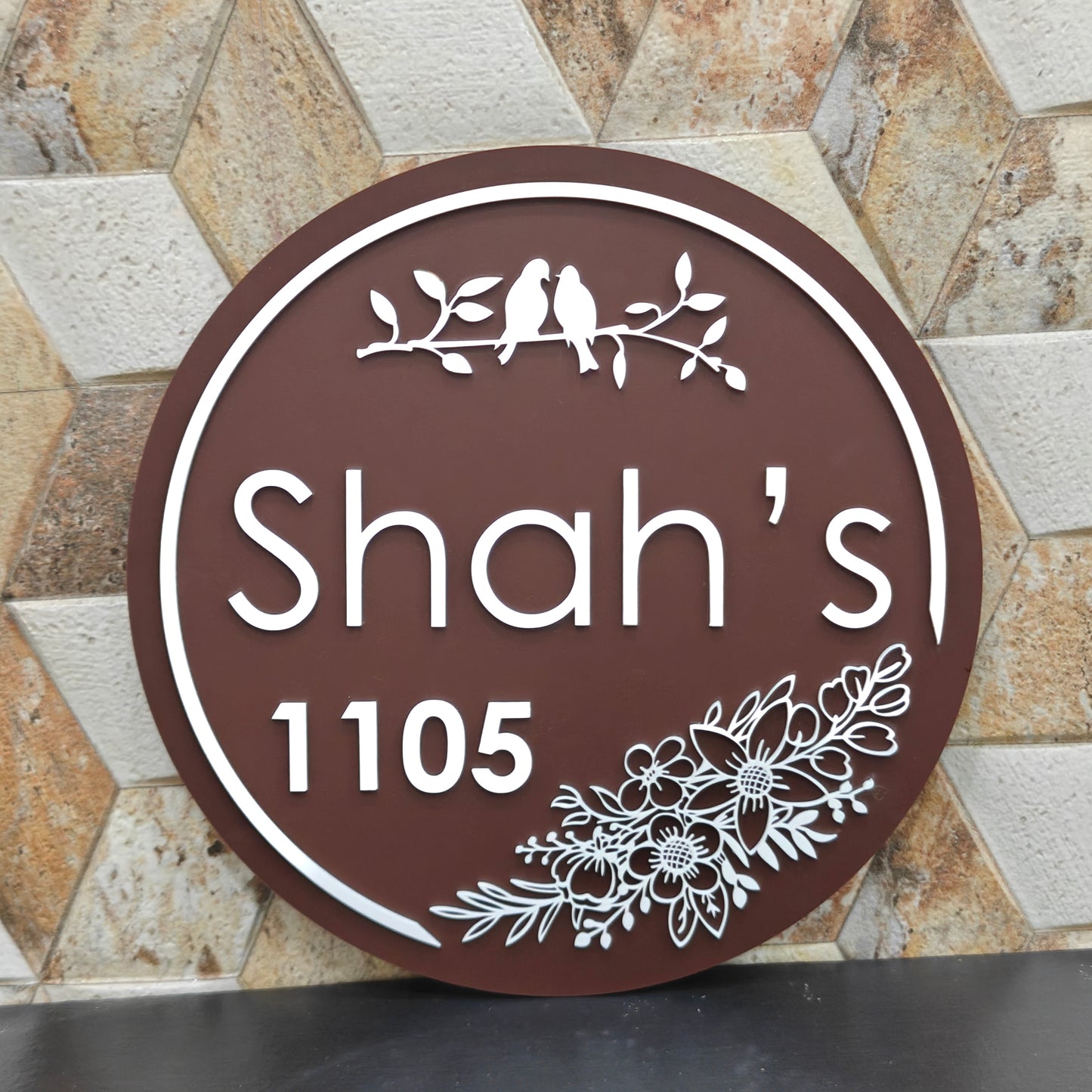 Floral Bird Acrylic Customized Name Plate | Personalised Door Name Plate, Modern House Name Sign, Waterproof Outdoor Gate & Entrance Plaque by DecorArtisans