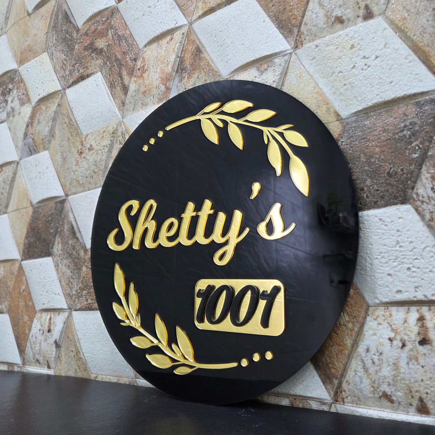Golden Leaf Acrylic Personalized Name Plate for Home | Customizable Door, Wall & House Sign with Name & Flat/House Number